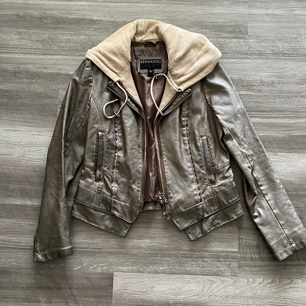 Bernardo leather jacket with knit hood